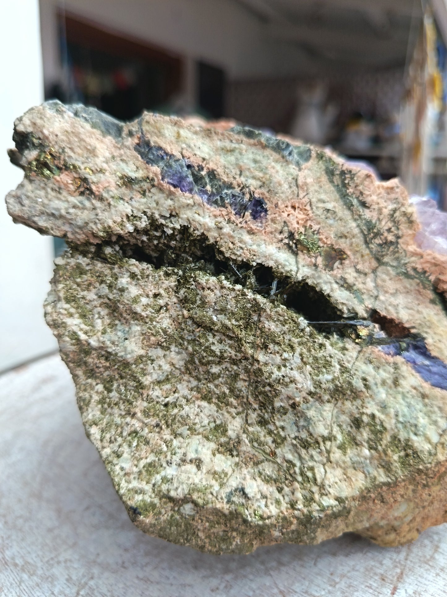 Fluorite With Epidote And Pyrite On Calcite