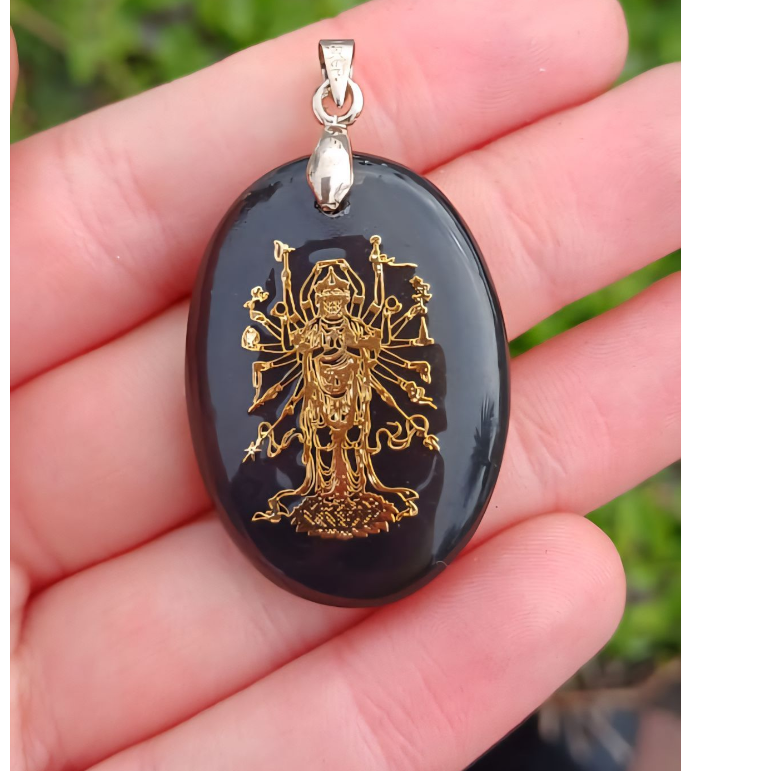 STERLING SILVER AVALOKITESHVARA OBSIDIAN PENDANT
