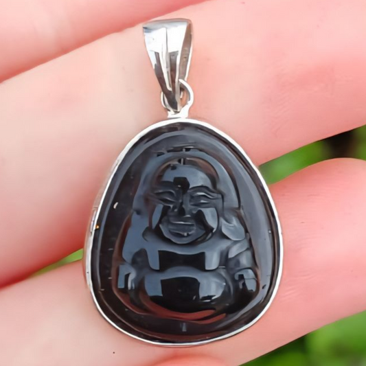 STERLING SILVER OBSIDIAN BUDDHA SMALL PENDANT