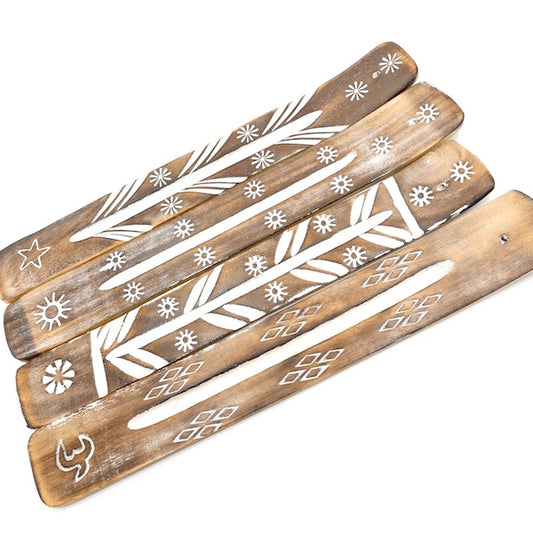 WOODEN WHITEWASH FLAT INCENSE HOLDER (26CM)