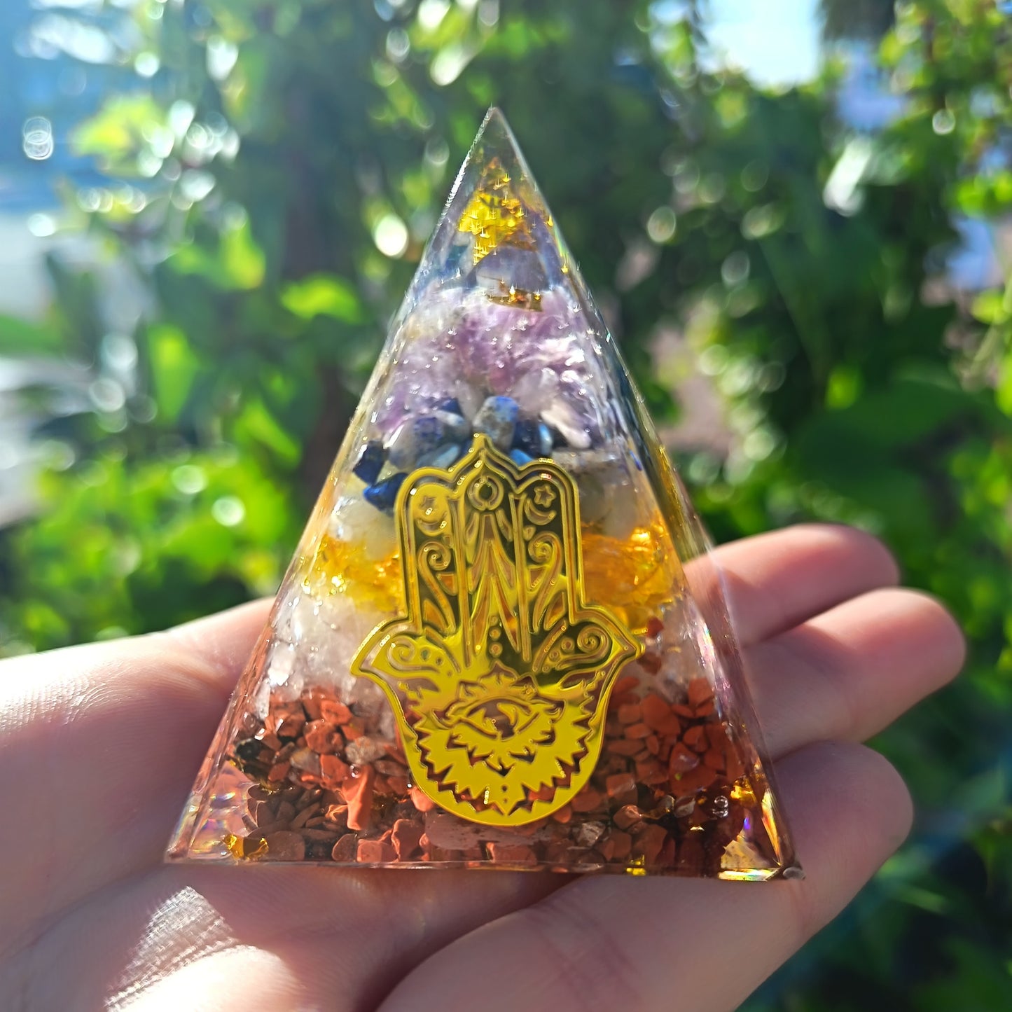 Chakra Hamsa Pyramid Orgonite