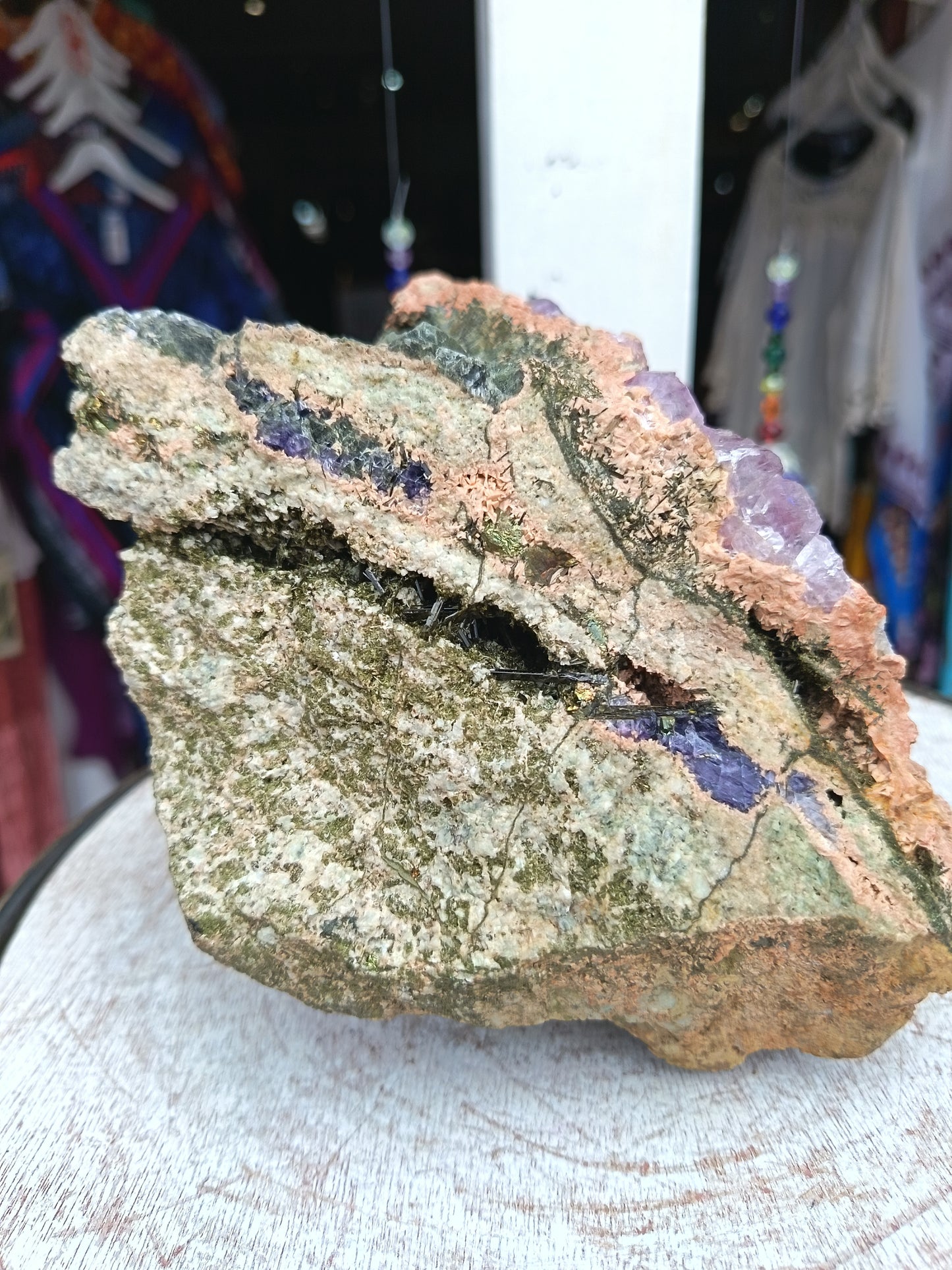 Fluorite With Epidote And Pyrite On Calcite