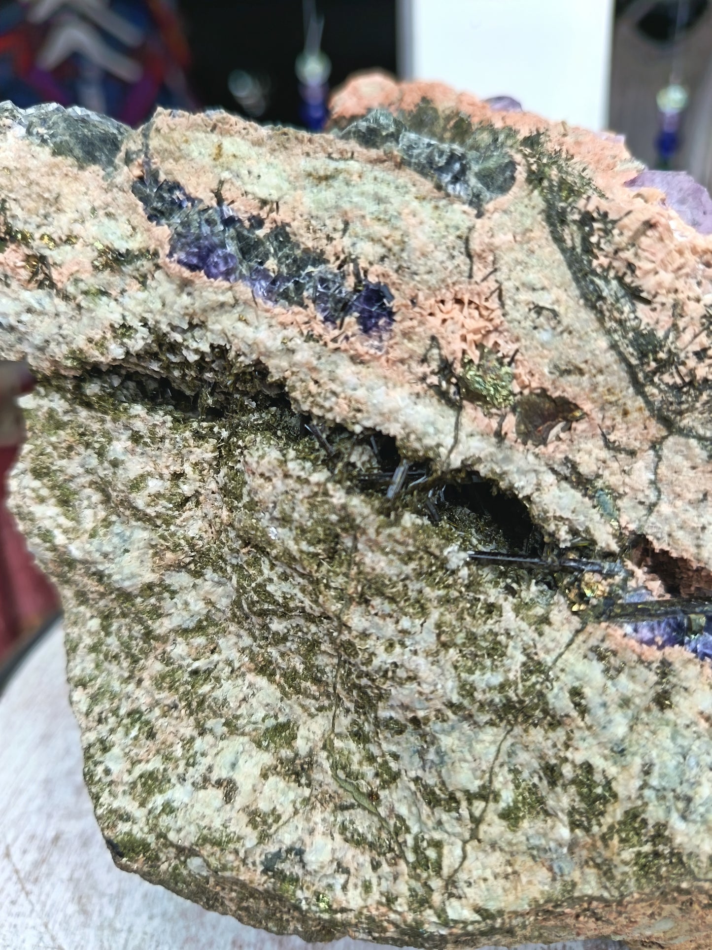 Fluorite With Epidote And Pyrite On Calcite