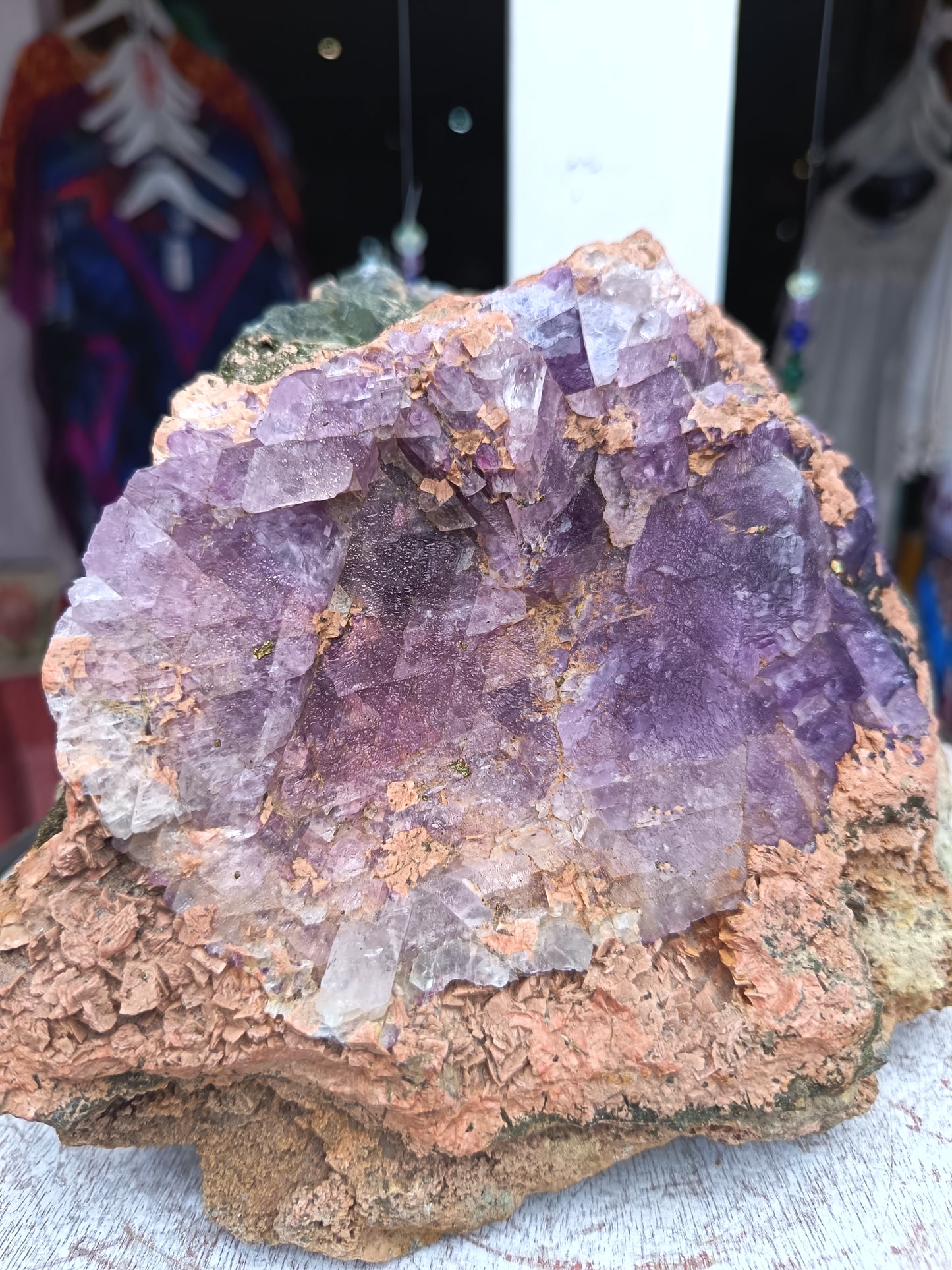 Fluorite With Epidote And Pyrite On Calcite