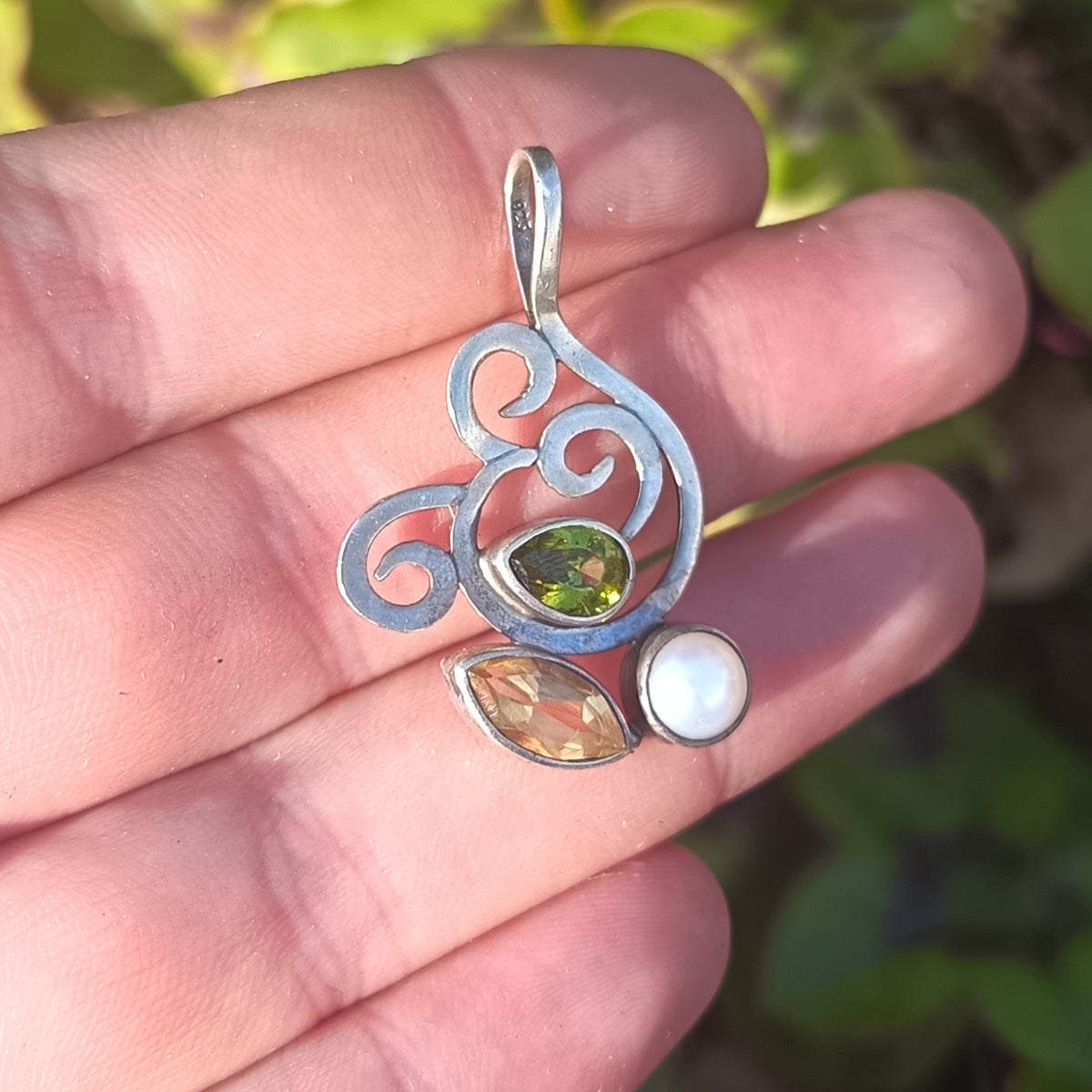 Sterling Silver Peridot, Citrine and Pearl Pendant
