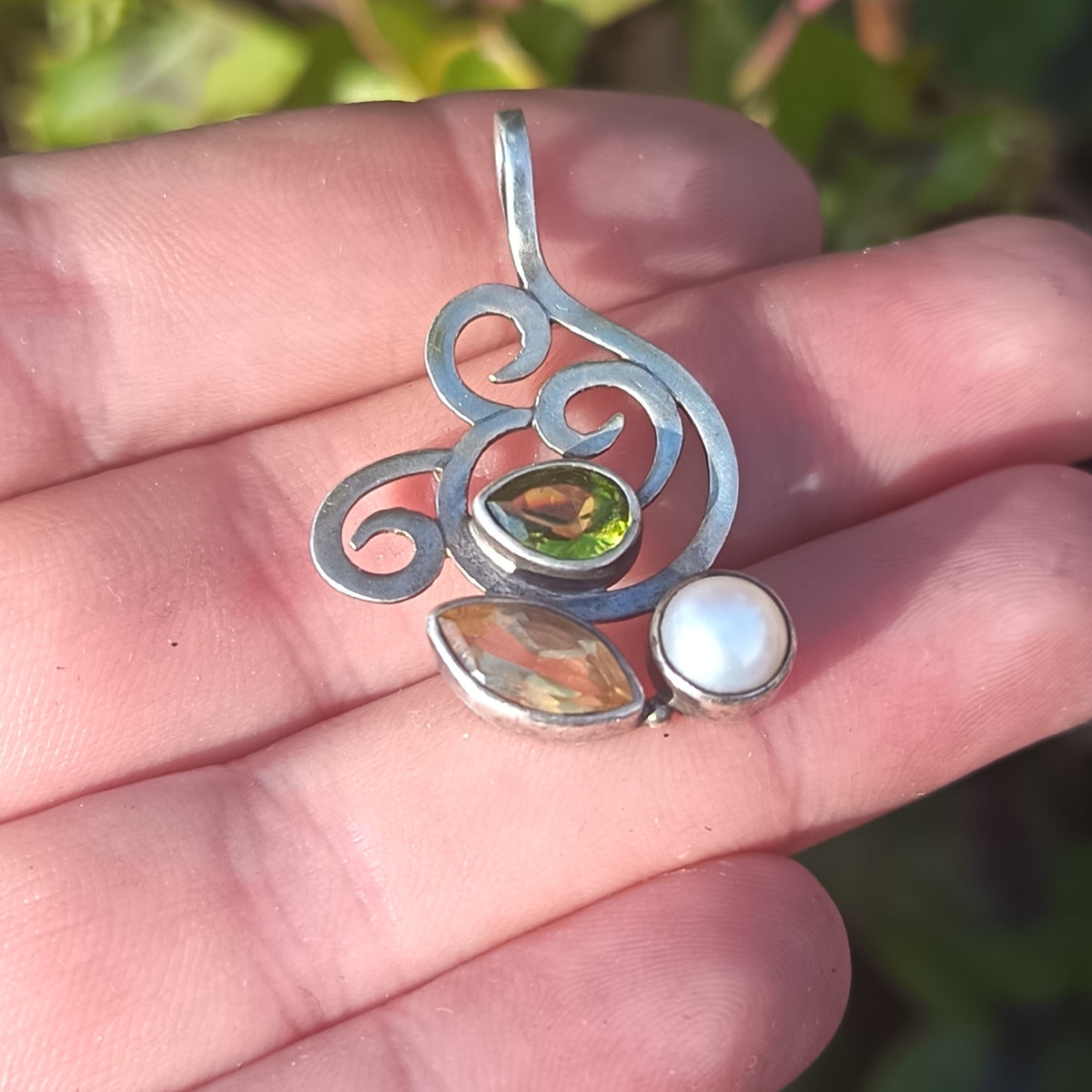 Sterling Silver Peridot, Citrine and Pearl Pendant