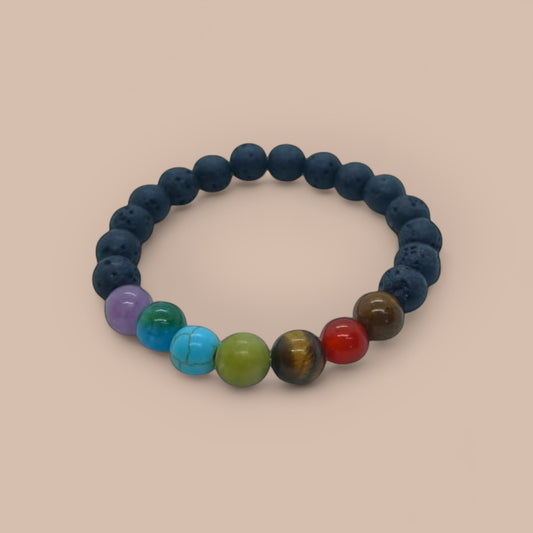 BRACELET CHAKRA GEMSTONE & LAVA BEADS 5mm
