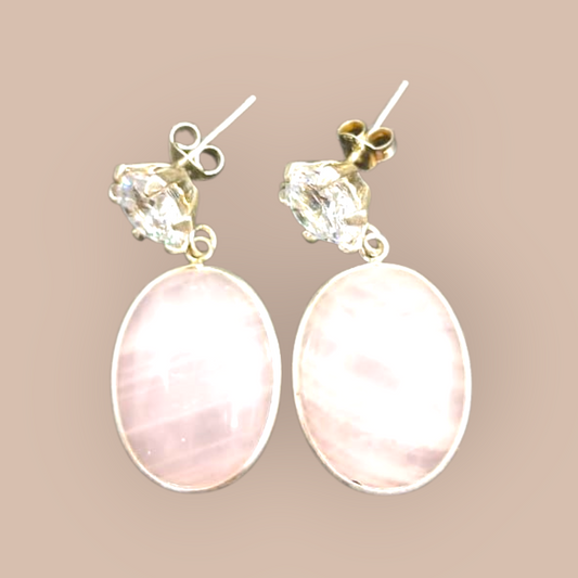 STERLING SILVER ROSE QUARTZ AND ZIRCONIA EARRINGS 