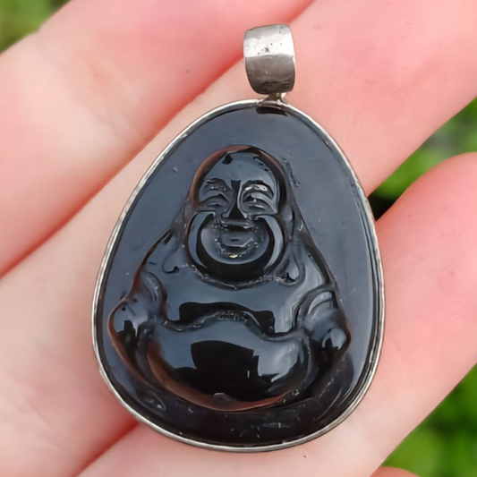 STERLING SILVER OBSIDIAN BUDDHA  BIG PENDANT 