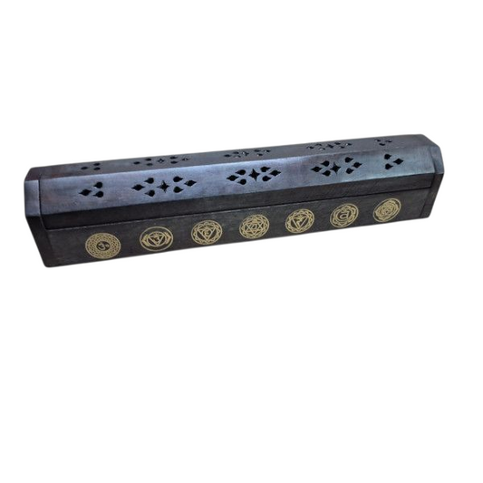 ASH BOX WOODEN BLACK&GOLD INLAY CHAKRA
