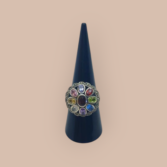 STERLING SILVER FLOWER MULTI GEMSTONE RING 