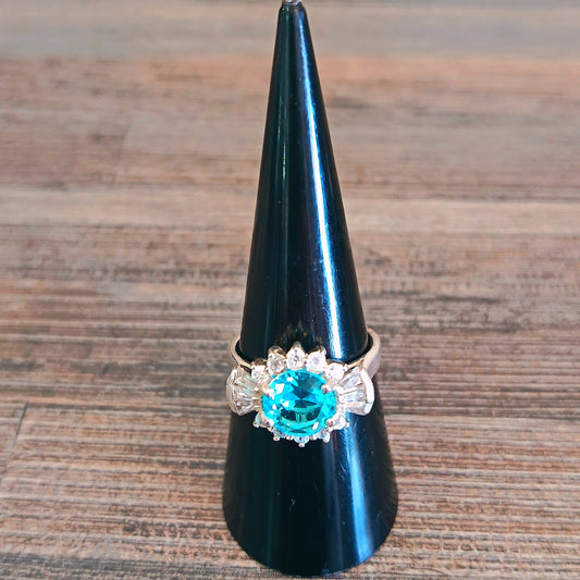 Sterling Silver simulated Aquamarine Cubic Zirconia Ring Size 7
