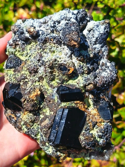 Black Tourmaline With Epidote, Hyalite Cluster On Feldspar - 683g