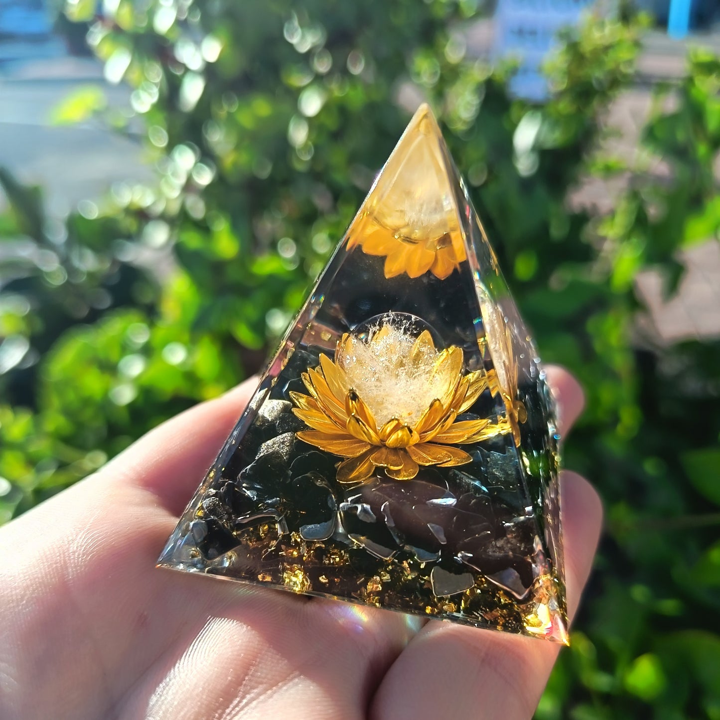 Black Obsidian Lotus Pyramid Orgonite